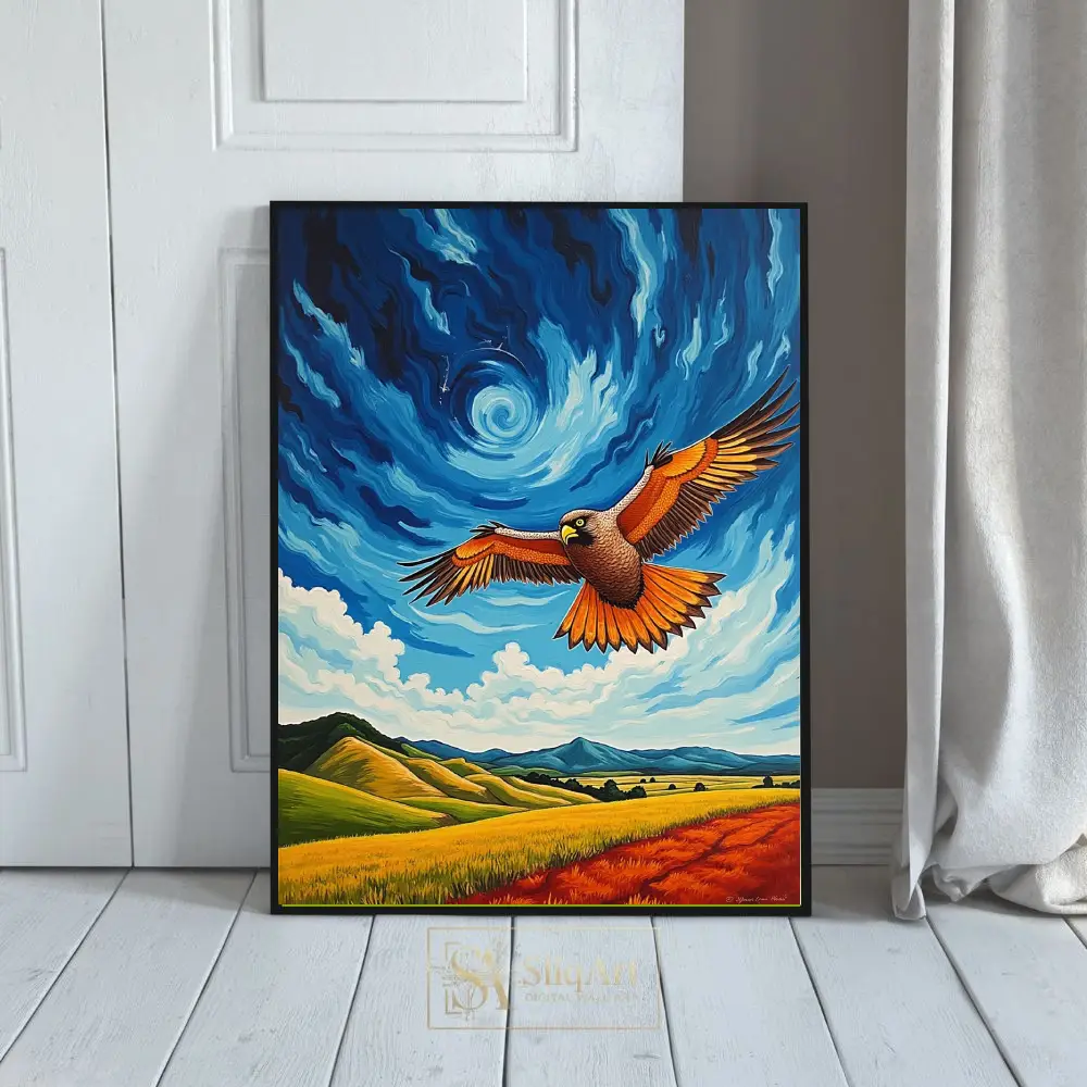 Majestic Soaring Hawk Landscape Art - Post-Impressionist Nature Wall Decor
