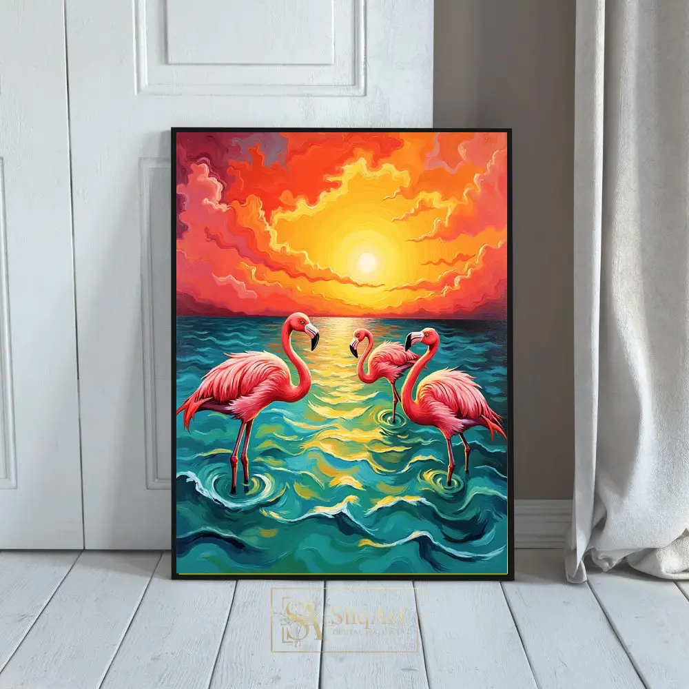 Tropical Flamingo Sunset Canvas Wall Art - Impressionist Beach Decor