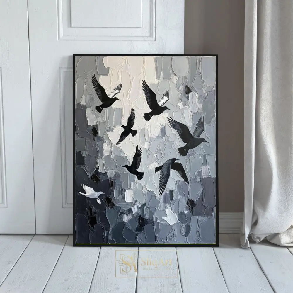 Abstract Monochrome Birds Flight - Textured Impasto Canvas Wall Art