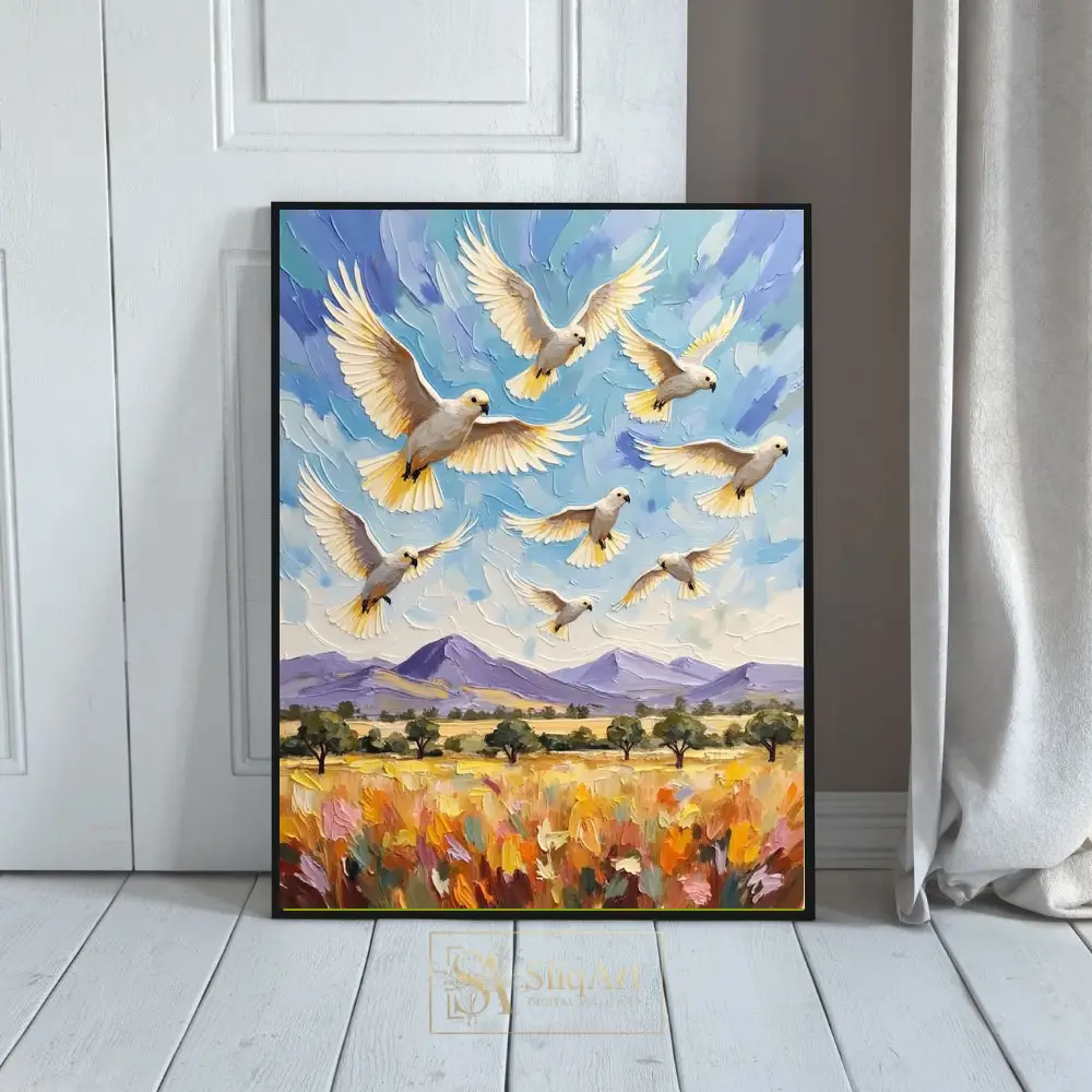 Cockatoos in Flight Impasto Oil Painting - Textured Bird Landscape Art
