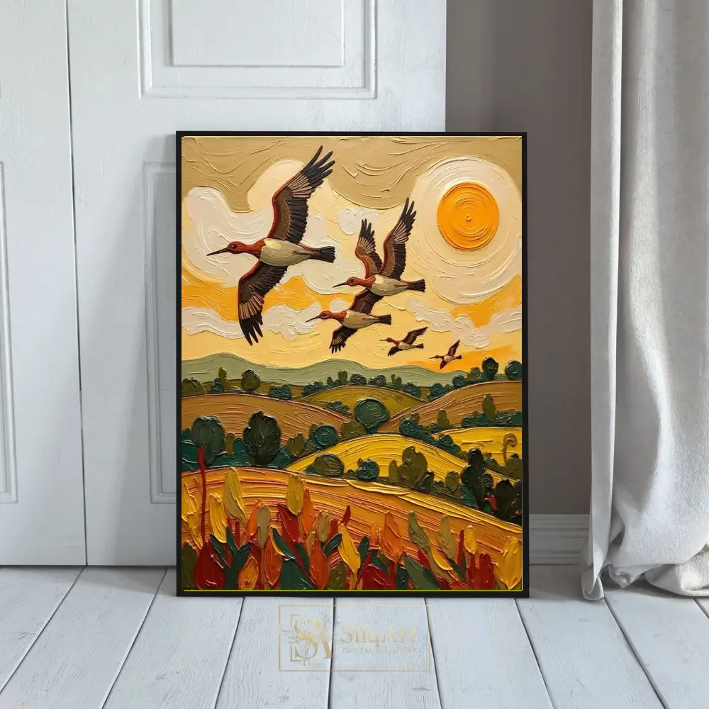 Golden Horizon: Textured Impasto Migrating Birds Landscape Art