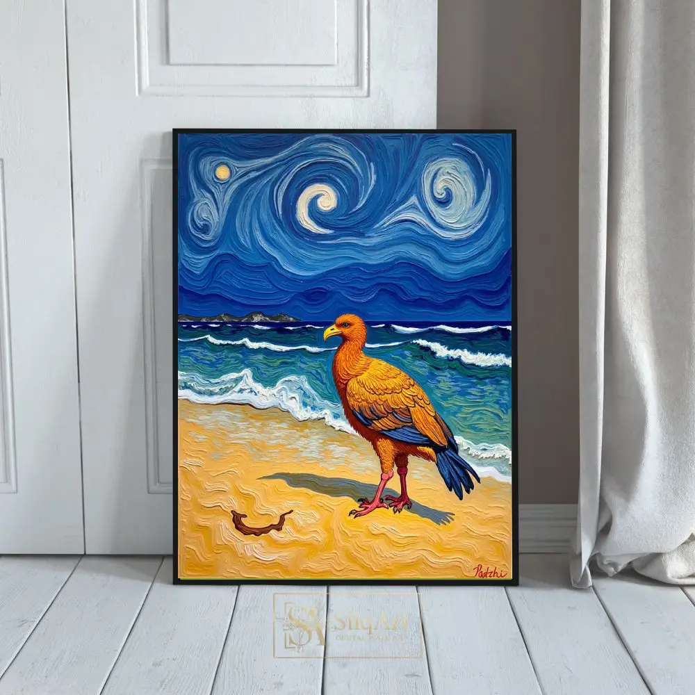 Vibrant Orange Bird on Post-Impressionist Beach Canvas Wall Art