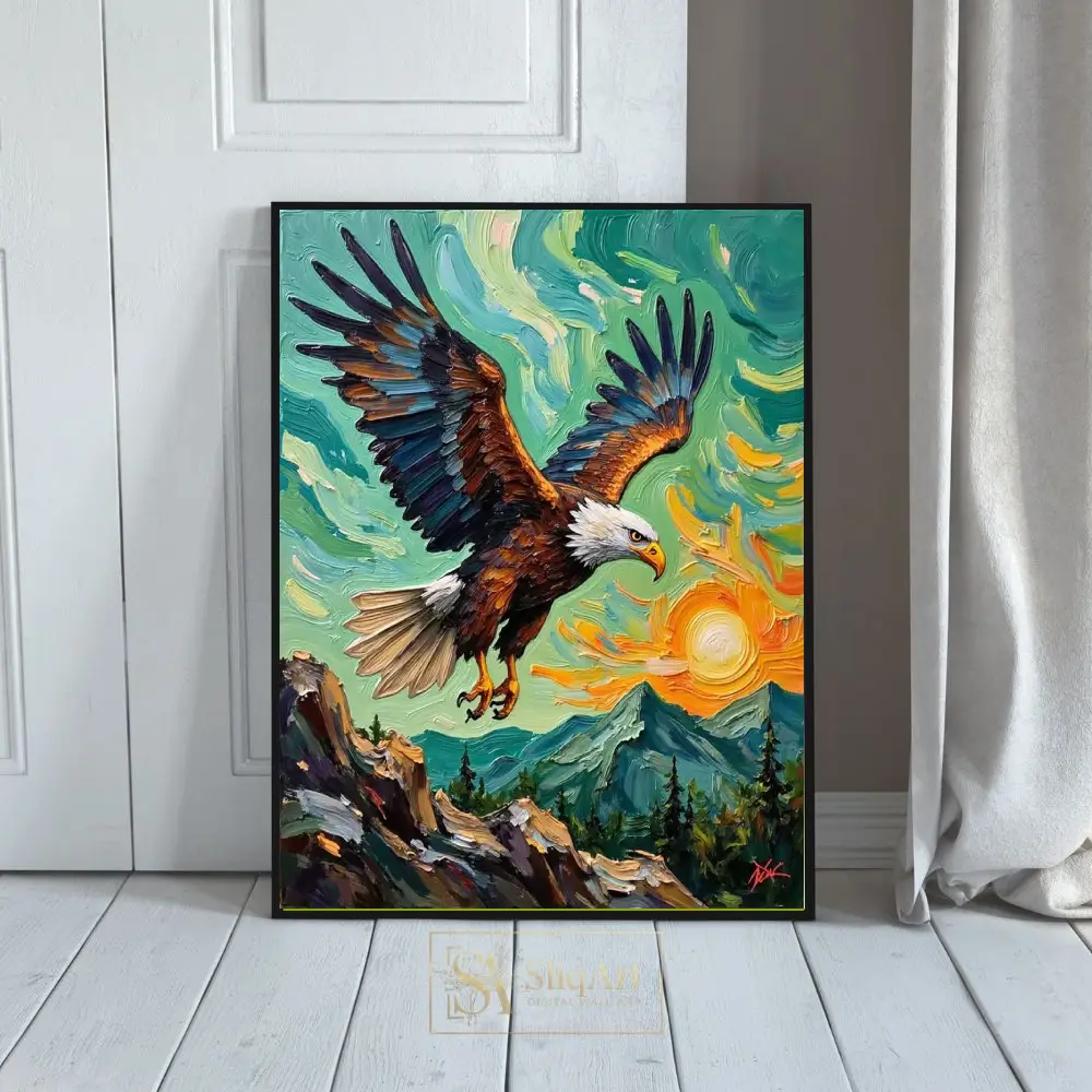 Majestic Bald Eagle Mountain Sunrise - Impasto Canvas Art