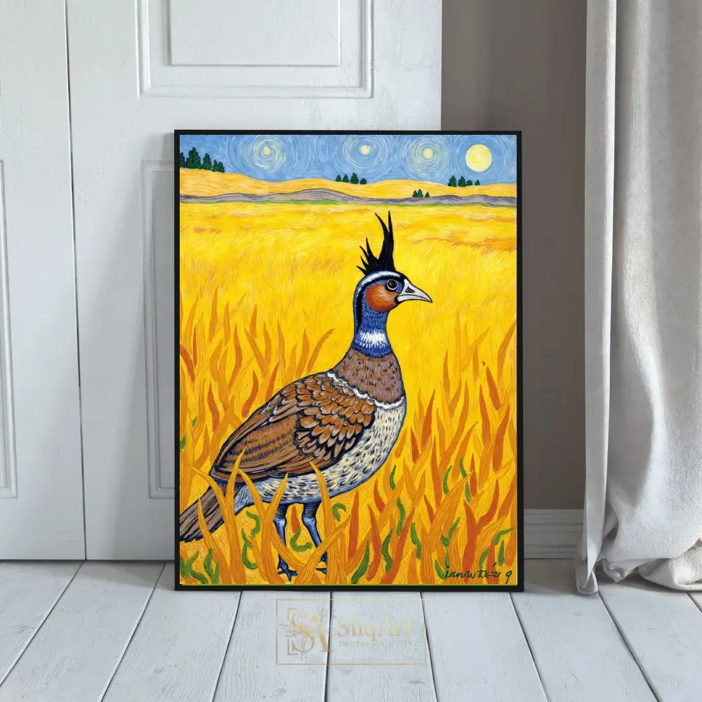 Golden Harvest Bird: Van Gogh Inspired Impressionist Wall Art