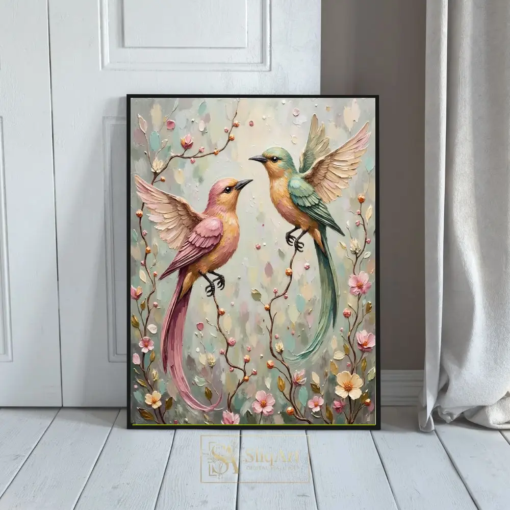Elegant Birds on Blossoming Branches Impasto Canvas Art