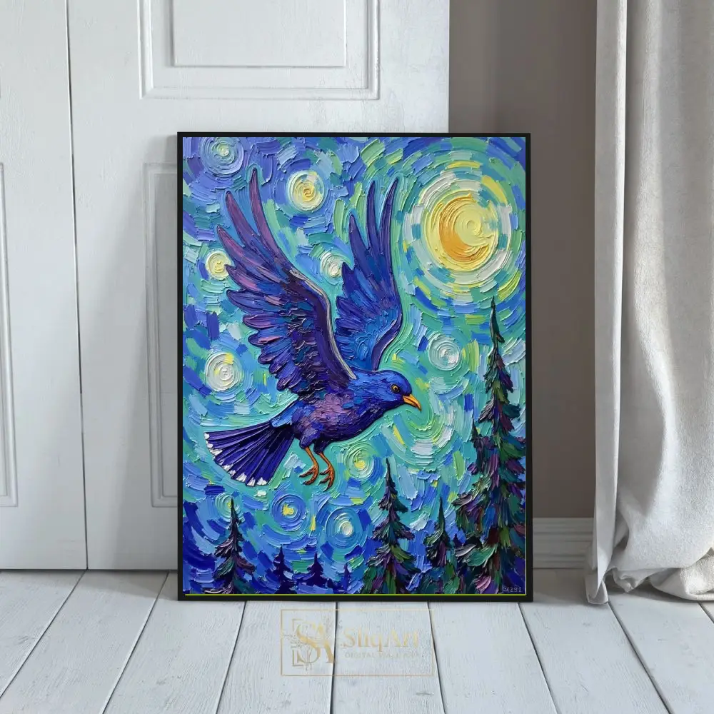 Celestial Blue Bird Impasto Art - Starry Night Style Canvas