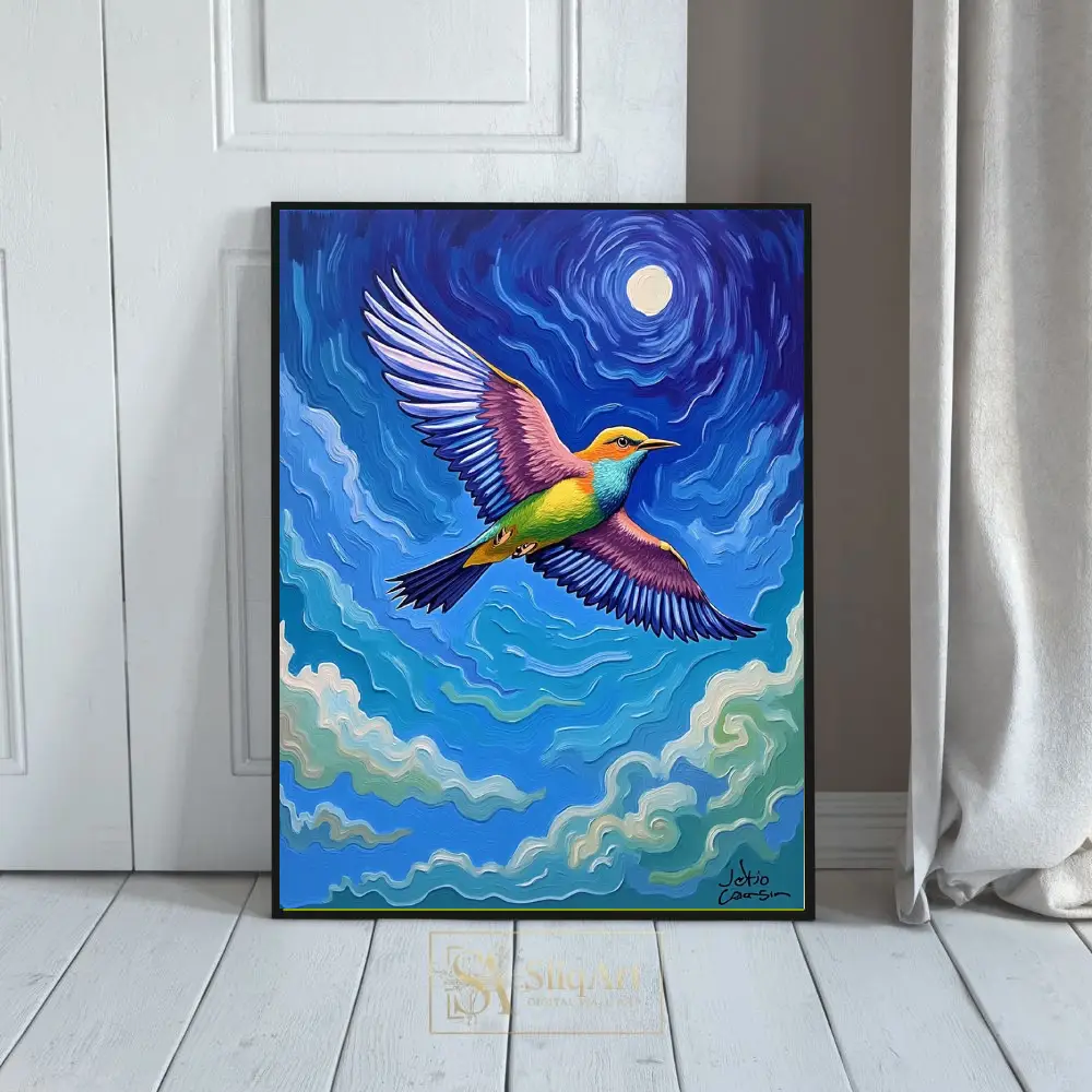 Celestial Flight: Vibrant Bird Impressionist Art