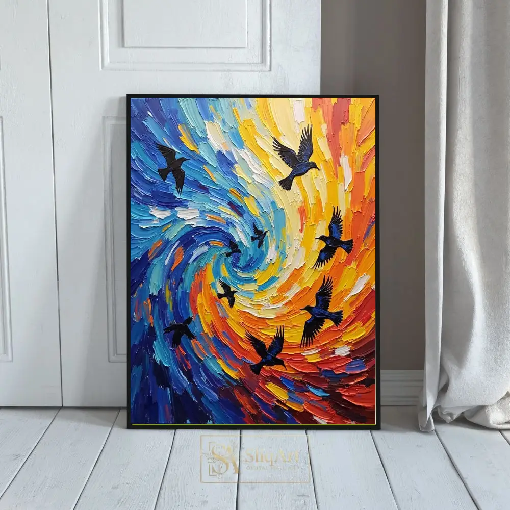 Celestial Vortex: Vibrant Impasto Birds in Flight Wall Art