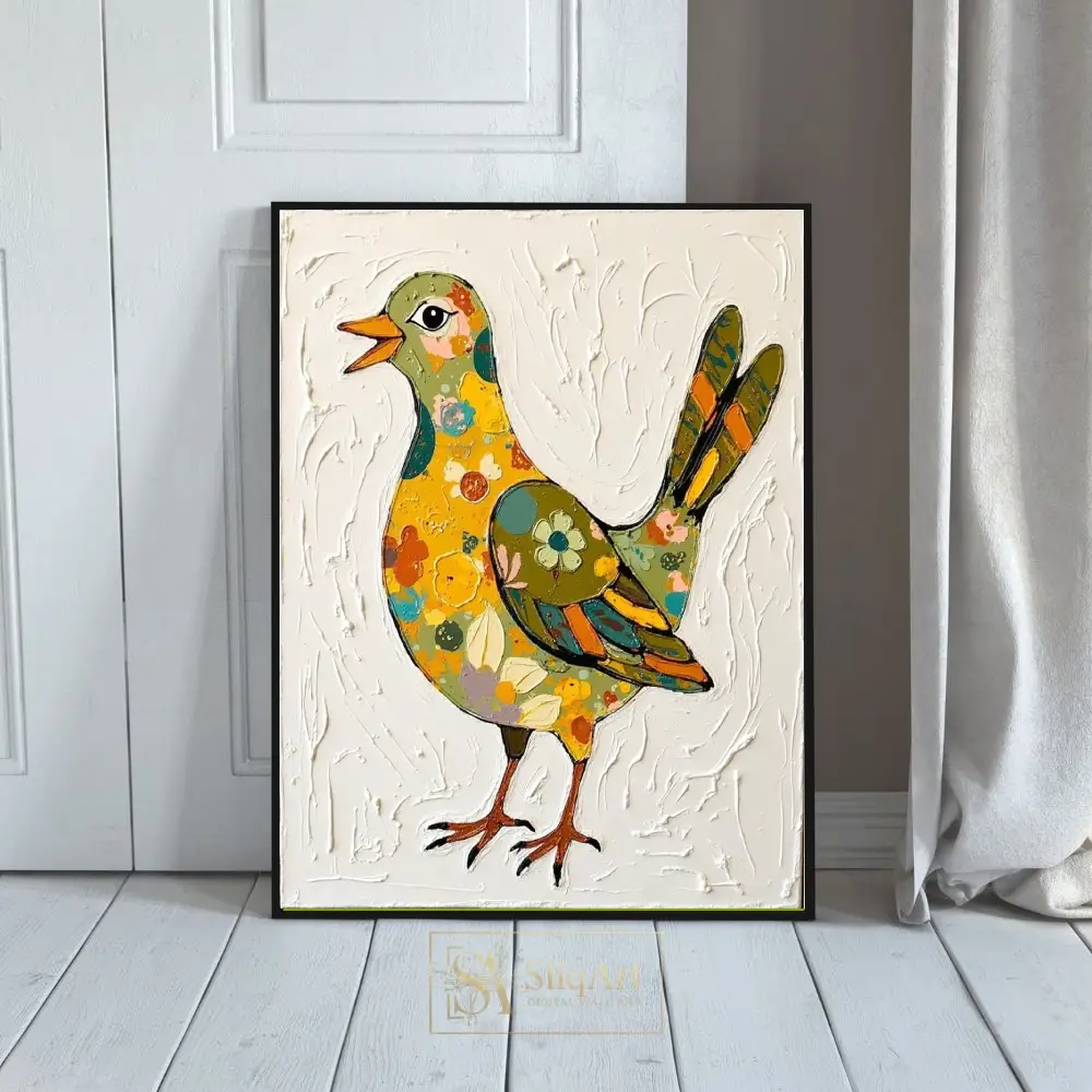 Whimsical Floral Patterned Bird Folk Art - Textured Canvas Wall Decor