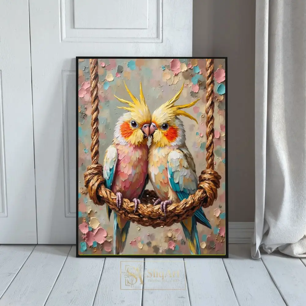 Charming Cockatiel Pair Impasto Oil Painting Wall Art
