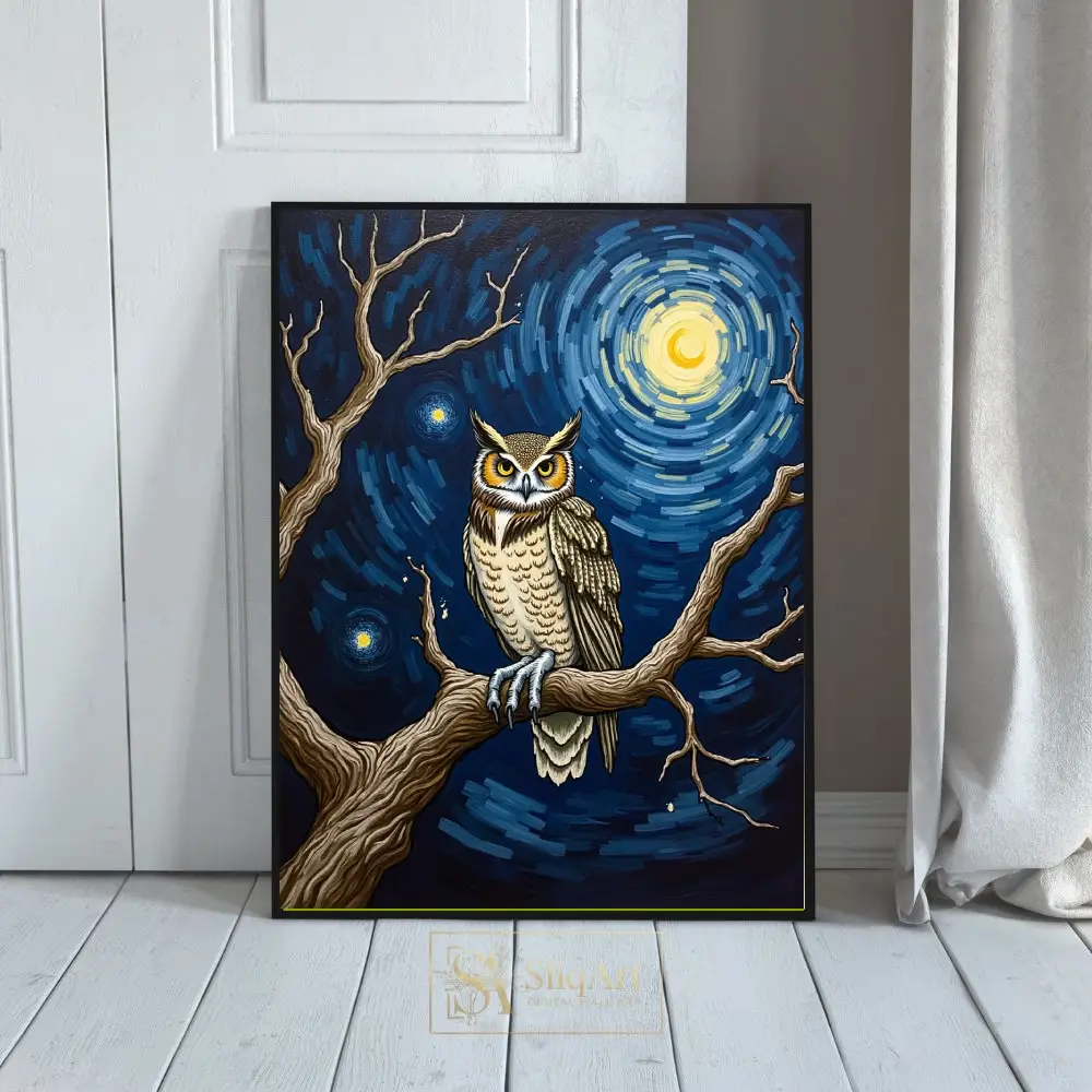 Midnight Guardian: Van Gogh Inspired Owl Canvas Wall Art | SliqArt