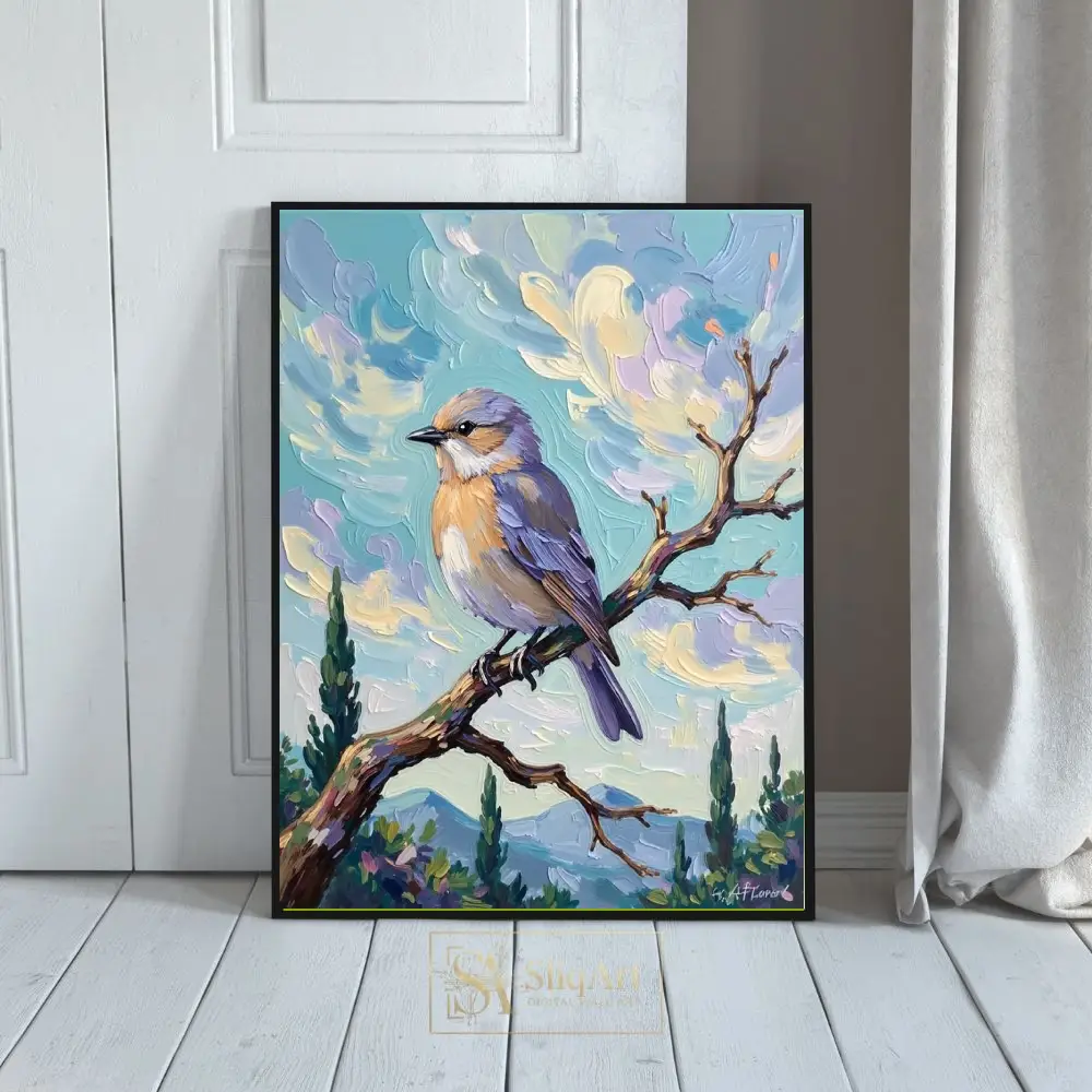 Impasto Bird Painting - Pastel Blue & Lavender Songbird Canvas Art