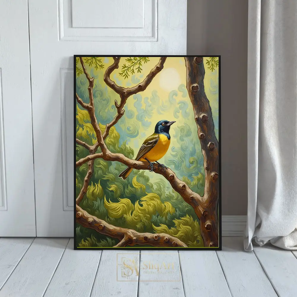 Yellow Songbird in Swirling Forest - Stylized Nature Art Print