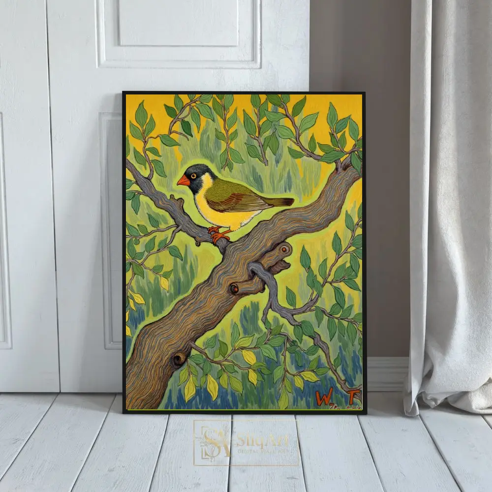 Vibrant Songbird on Branch Folk Art Illustration