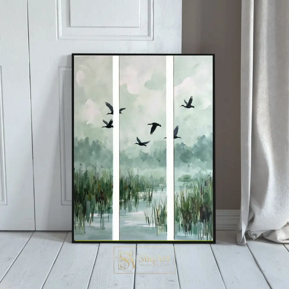 Tranquil Wetland Birds Triptych Canvas Art - Serene Nature Wall Decor