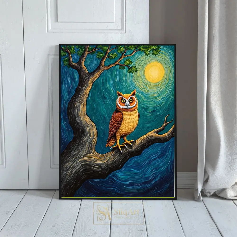 Mystical Owl Under Moonlight Canvas Art - Post-Impressionist Style