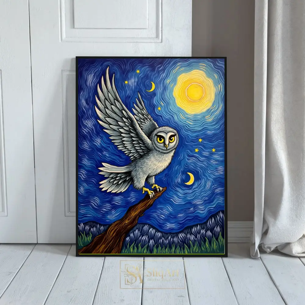 Van Gogh Inspired Owl Wall Art - Celestial Starry Night Canvas