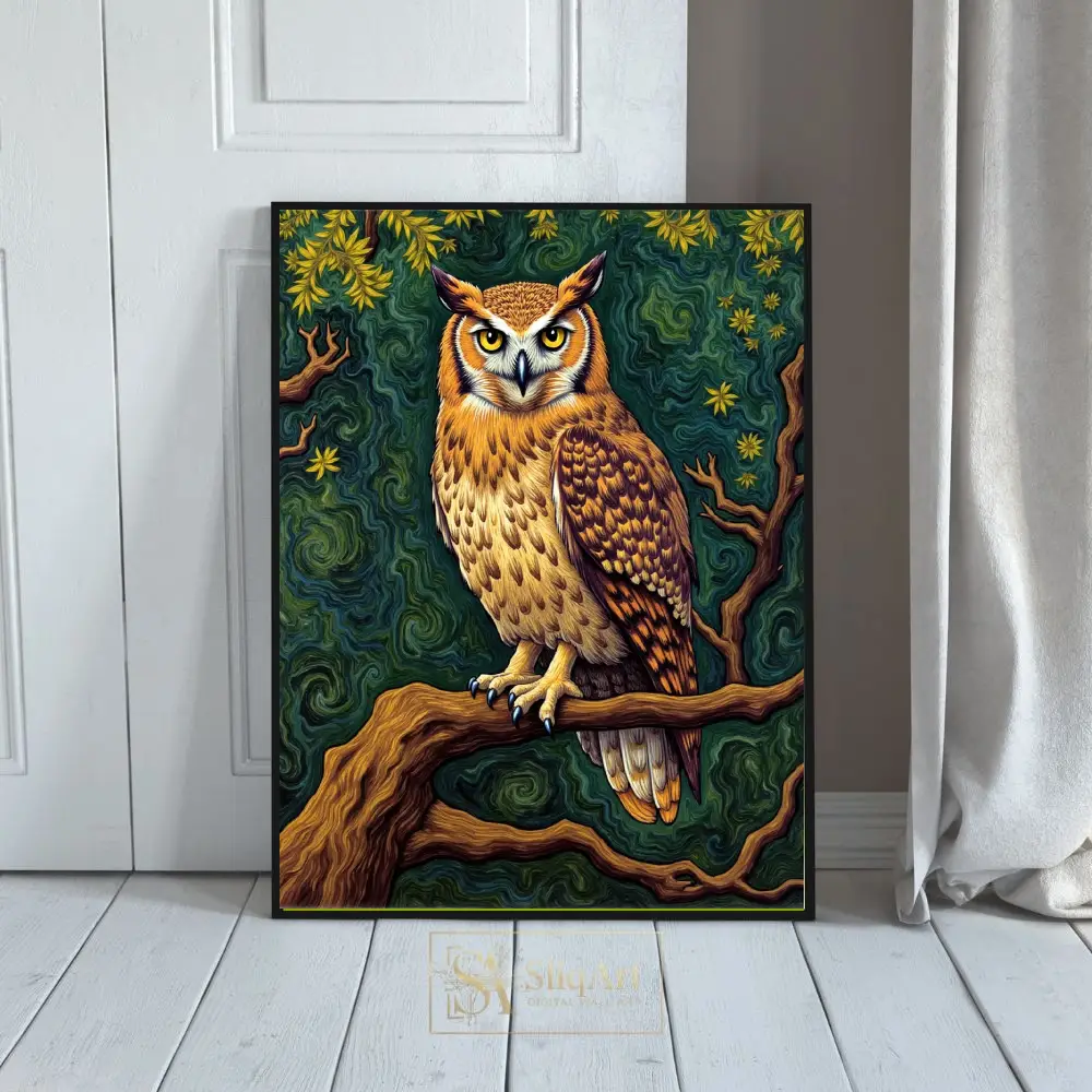Enchanted Great Horned Owl Stylized Forest Wall Art