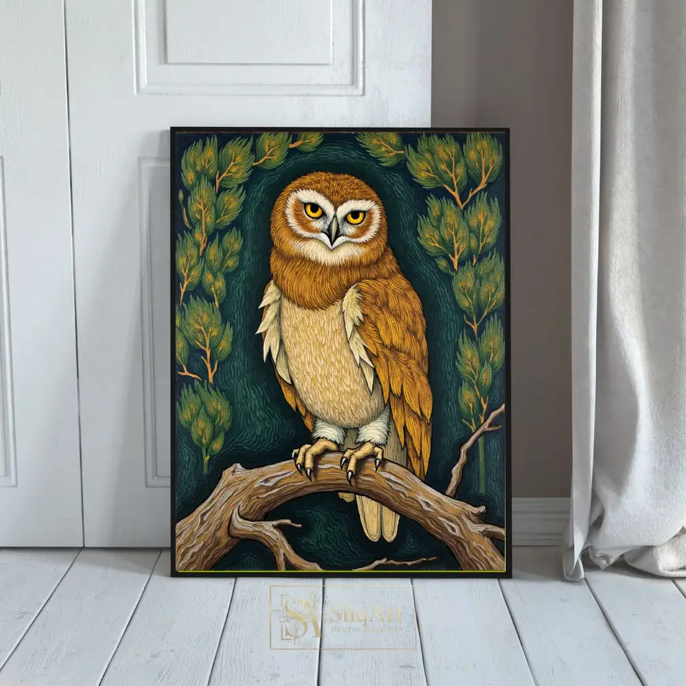 Amber Forest Owl Wall Art - Folk Style Woodland Illustration
