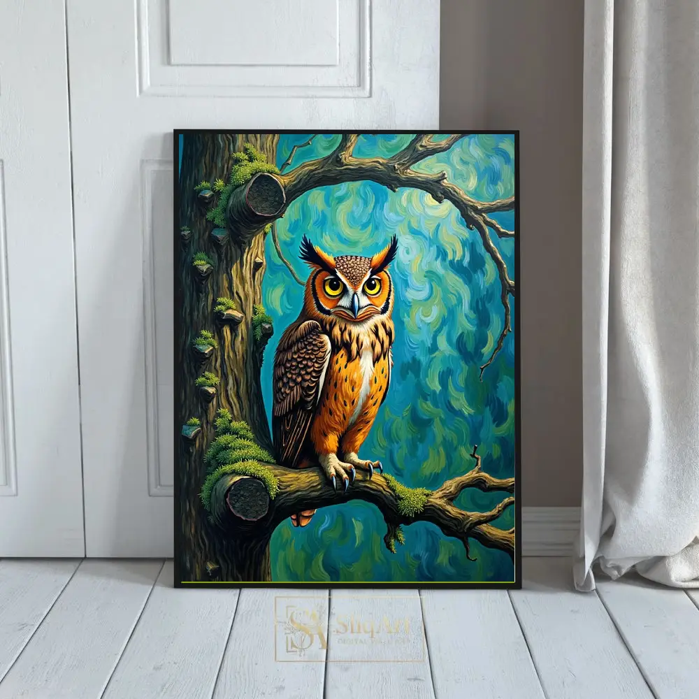 Majestic Great Horned Owl Canvas Art - Vibrant Impressionist Forest Scene