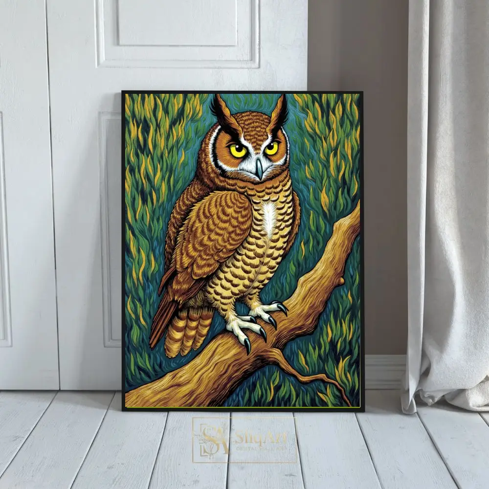Majestic Great Horned Owl Wall Art - Stylized Nature Illustration