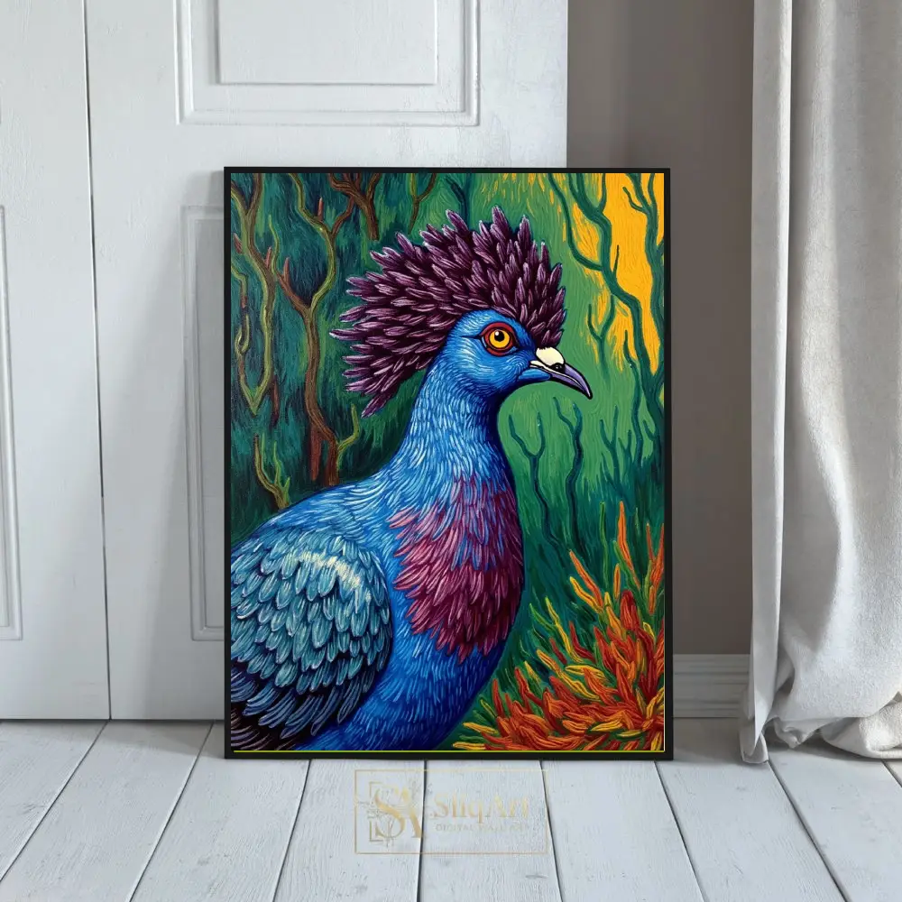 Majestic Blue Exotic Bird Wall Art - Vibrant Purple Crest Illustration