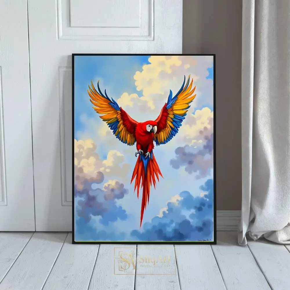 Vibrant Red Macaw in Flight Painting - Tropical Bird Canvas Wall Art