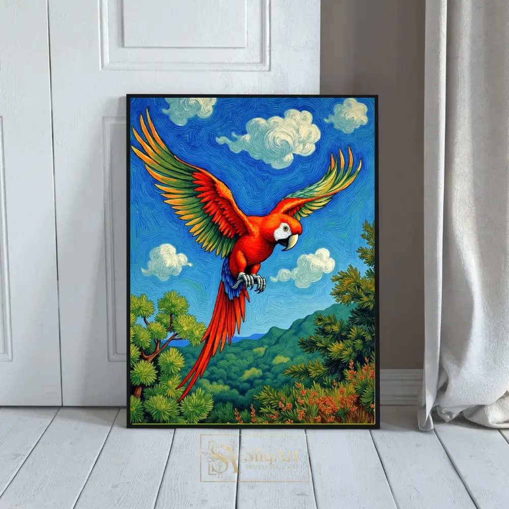 Vibrant Macaw in Flight - Post-Impressionist Bird Wall Art