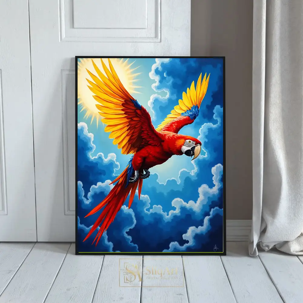 Vibrant Scarlet Macaw in Flight Wall Art - Tropical Bird Canvas