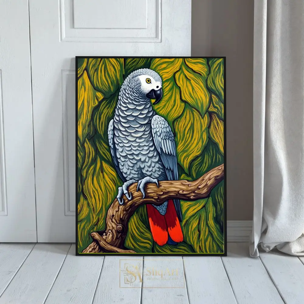 African Grey Parrot Wall Art - Vibrant Tropical Bird Illustration