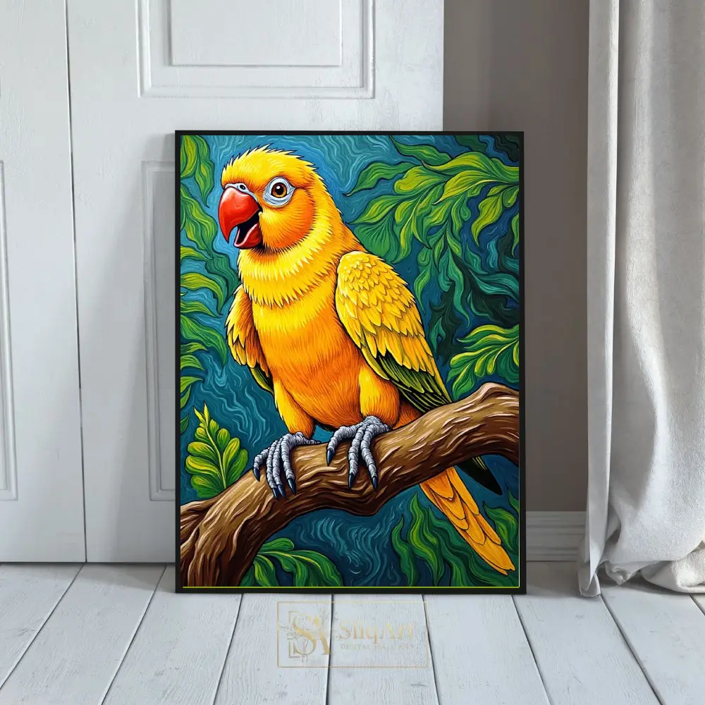 Vibrant Tropical Sun Conure Parrot Wall Art - Exotic Jungle Decor