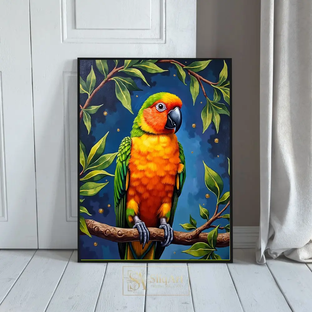 Vibrant Sun Conure Parrot Wall Art - Tropical Bird Painting