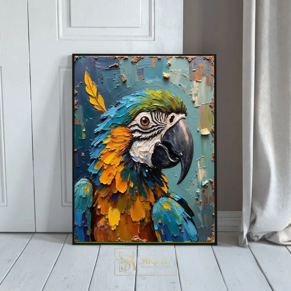 Vibrant Macaw Parrot Impasto Canvas Art - Textured Palette Knife Painting