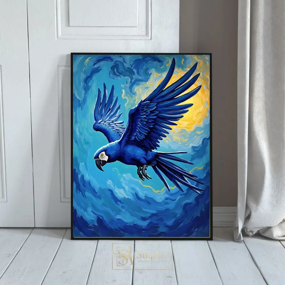 Blue Macaw Impressionist Flight Wall Art | Starry Night Style Parrot Decor
