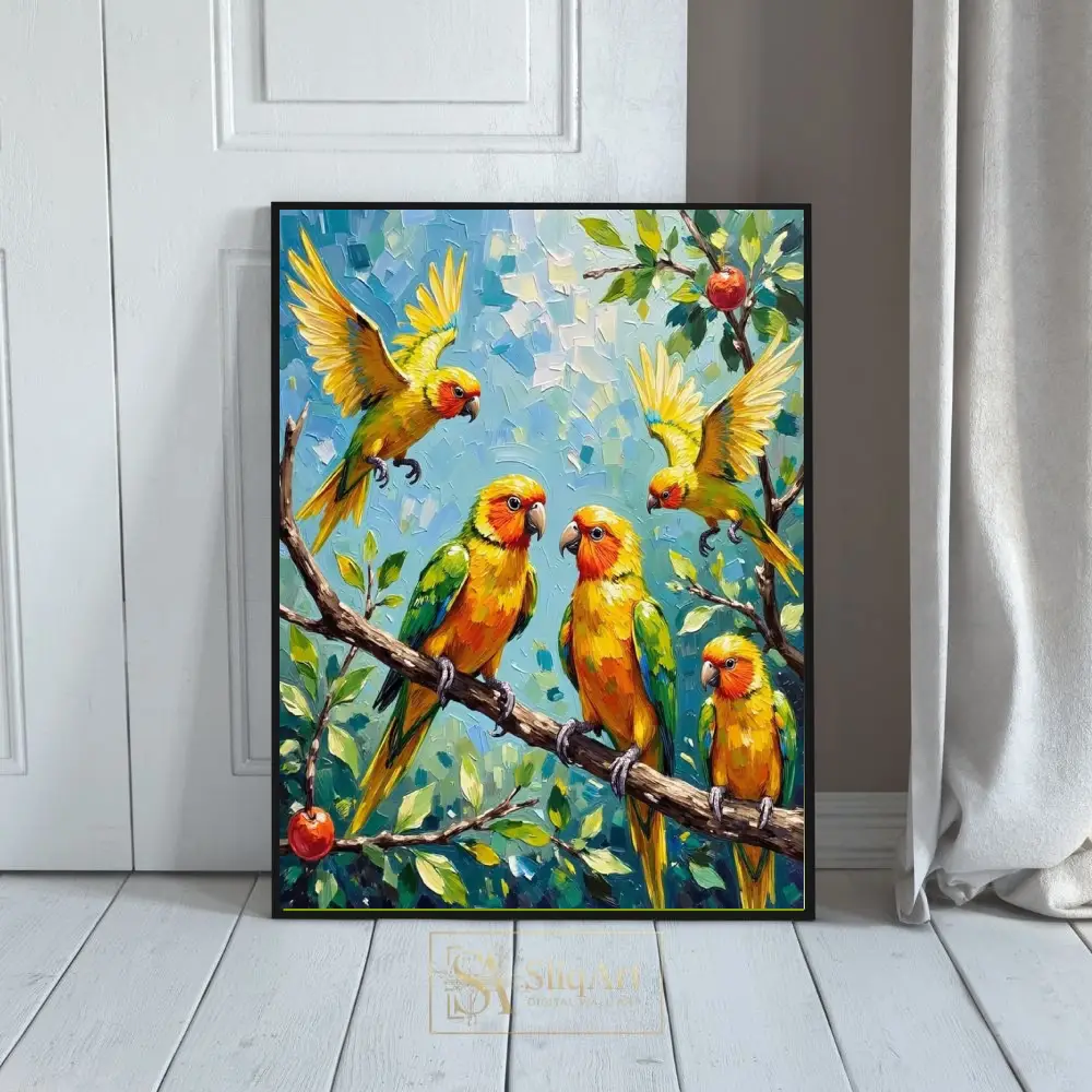 Vibrant Sun Conure Parrot Tropical Impressionist Canvas Art