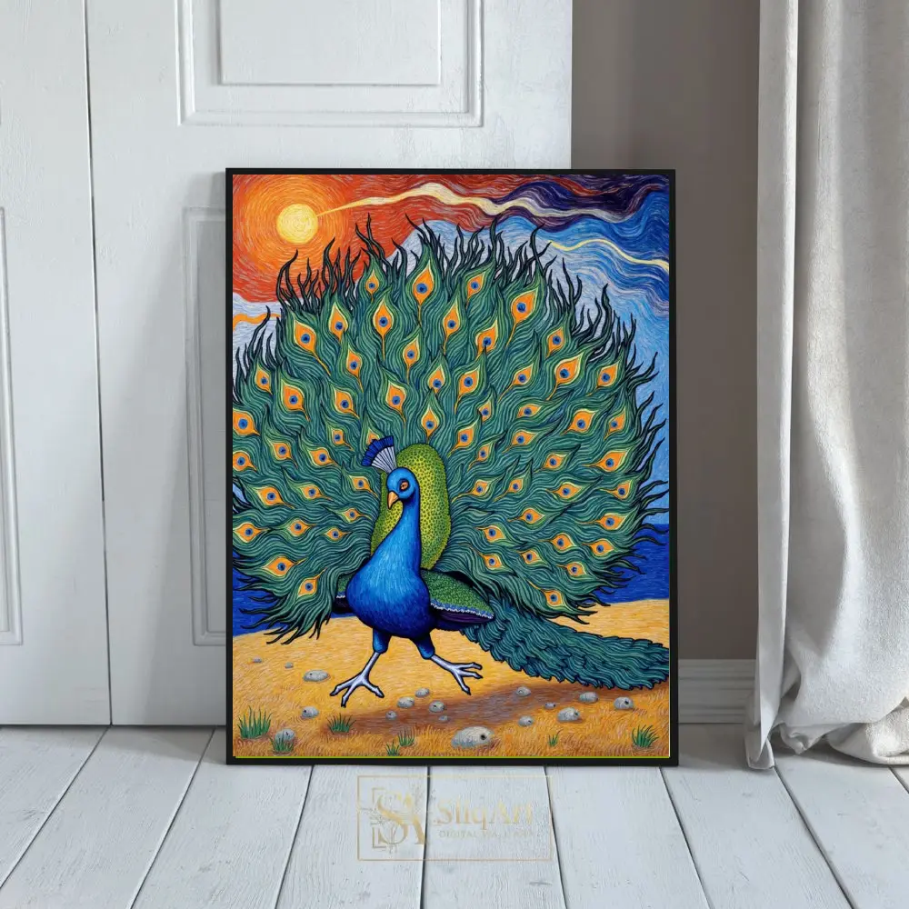 Majestic Peacock Canvas Art - Vibrant Swirling Sky Wall Decor