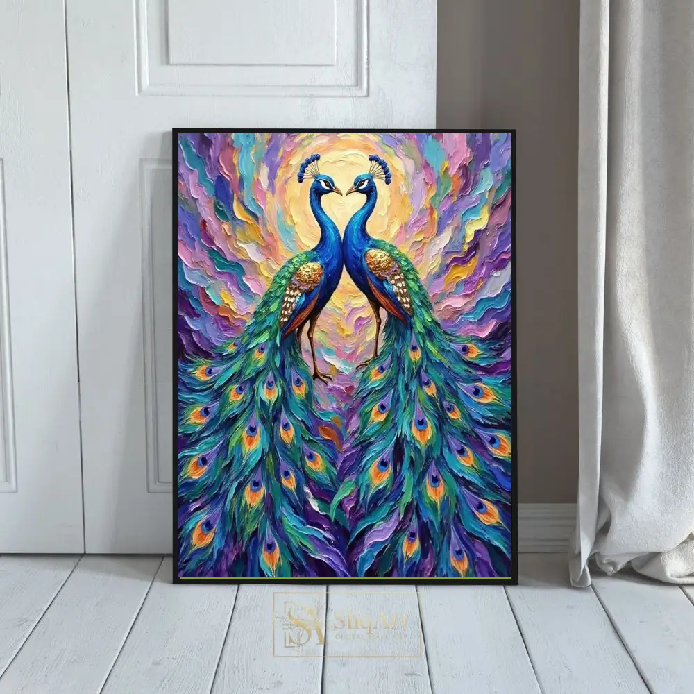 Vibrant Peacock Pair Impasto Canvas Wall Art