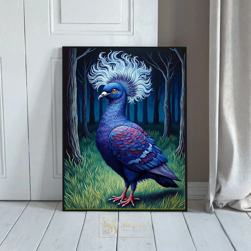 Majestic Blue Crowned Pigeon Art Print - Ethereal Forest Wildlife Decor