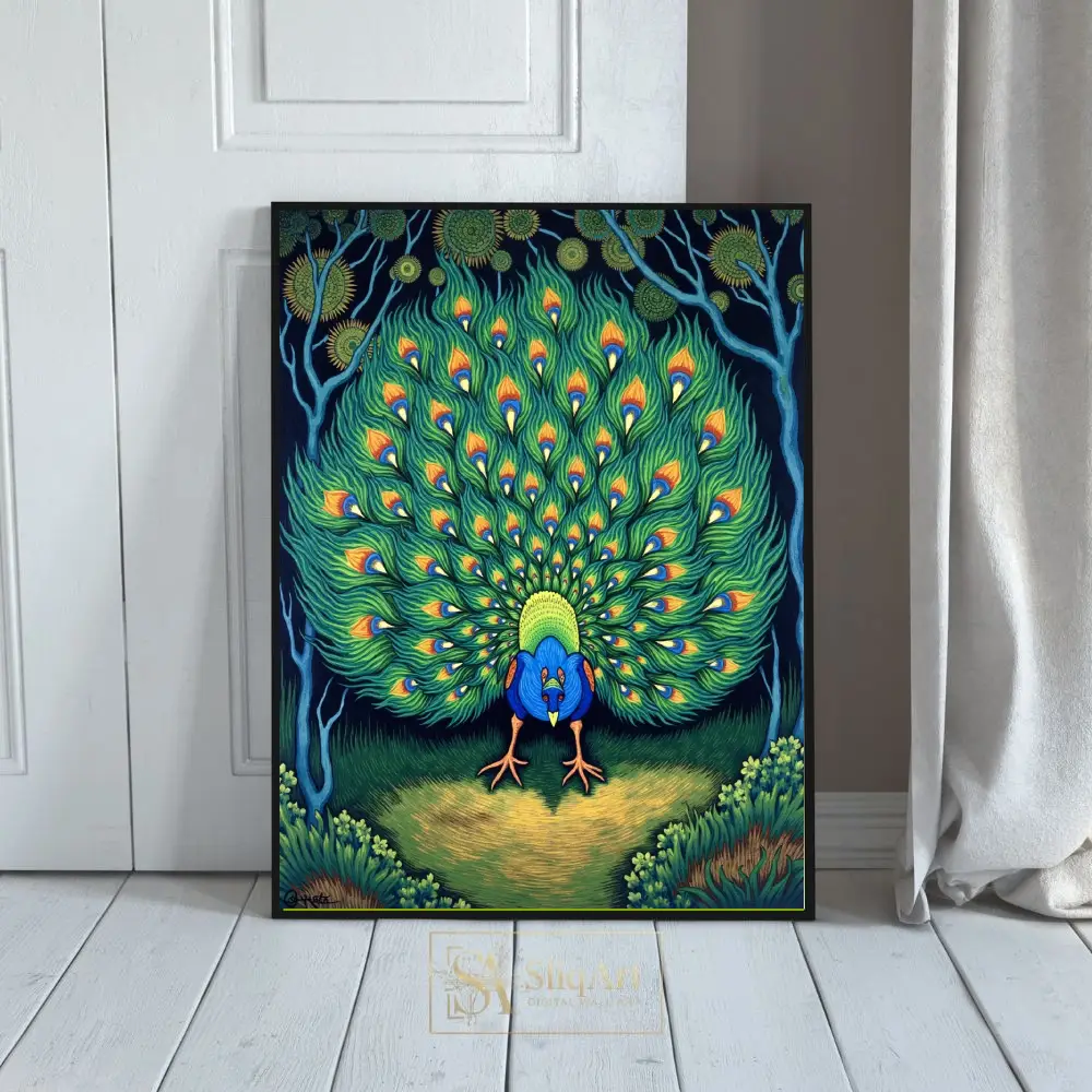 Vibrant Peacock Folk Art Canvas - Enchanted Forest Wall Decor