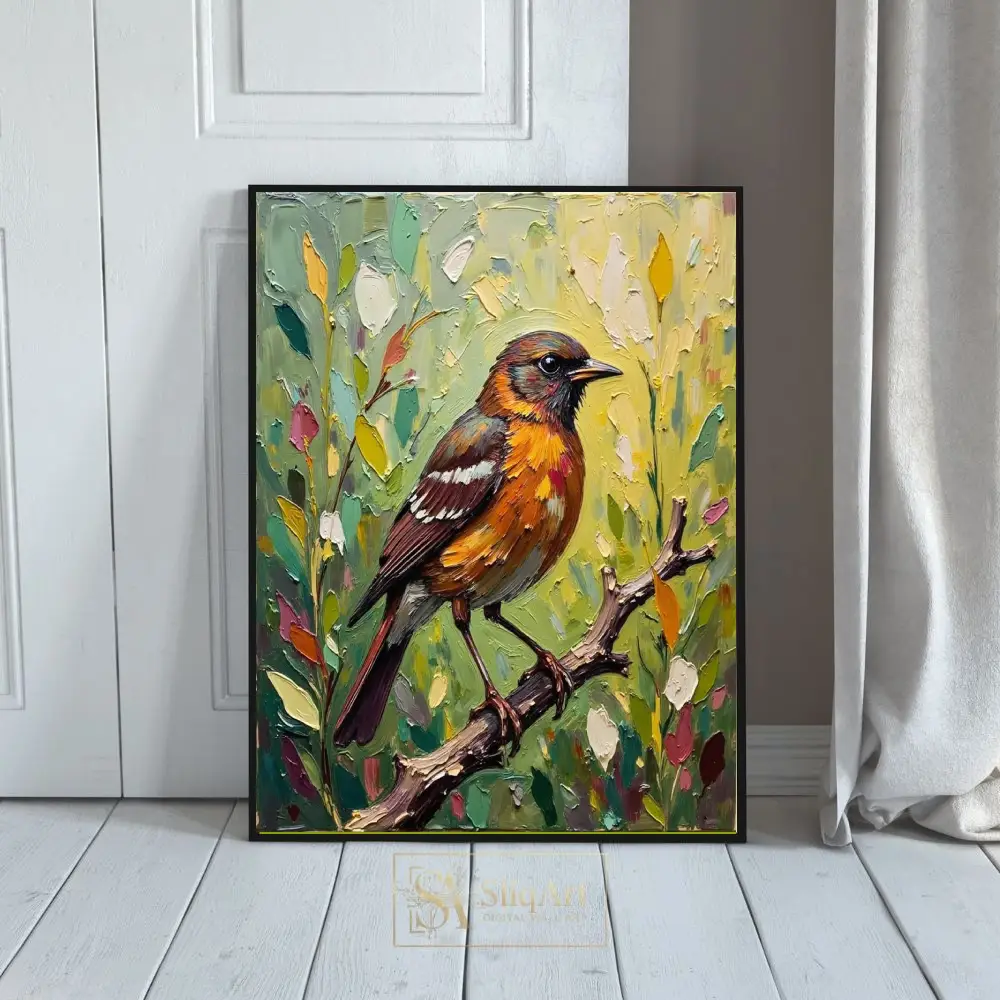 Vibrant Songbird on Branch Impasto Oil Painting Canvas Wall Art