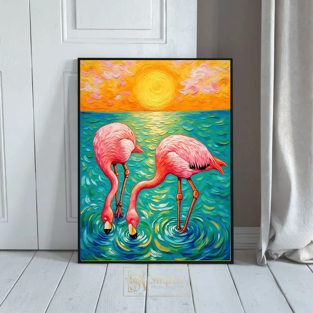Flamingo Sunset Impasto Canvas Art - Vibrant Tropical Wall Decor