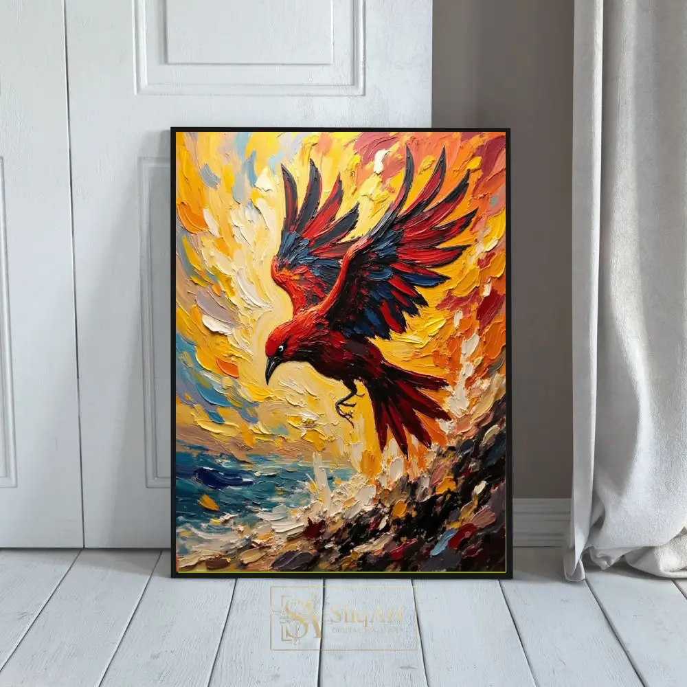 Fiery Red Bird Impressionist Impasto Oil Painting Wall Art
