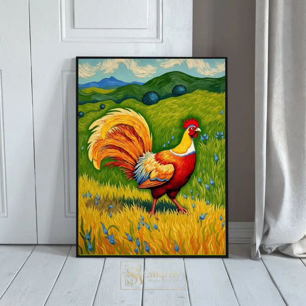 Vibrant Post-Impressionist Rooster in Meadow - SliqArt Wall Decor