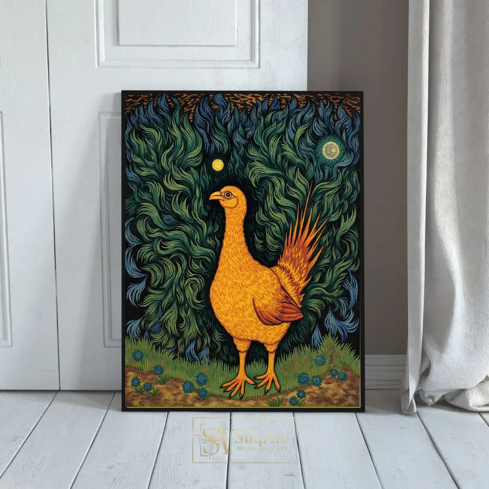 Golden Mythic Bird in Swirling Teal Forest Wall Art