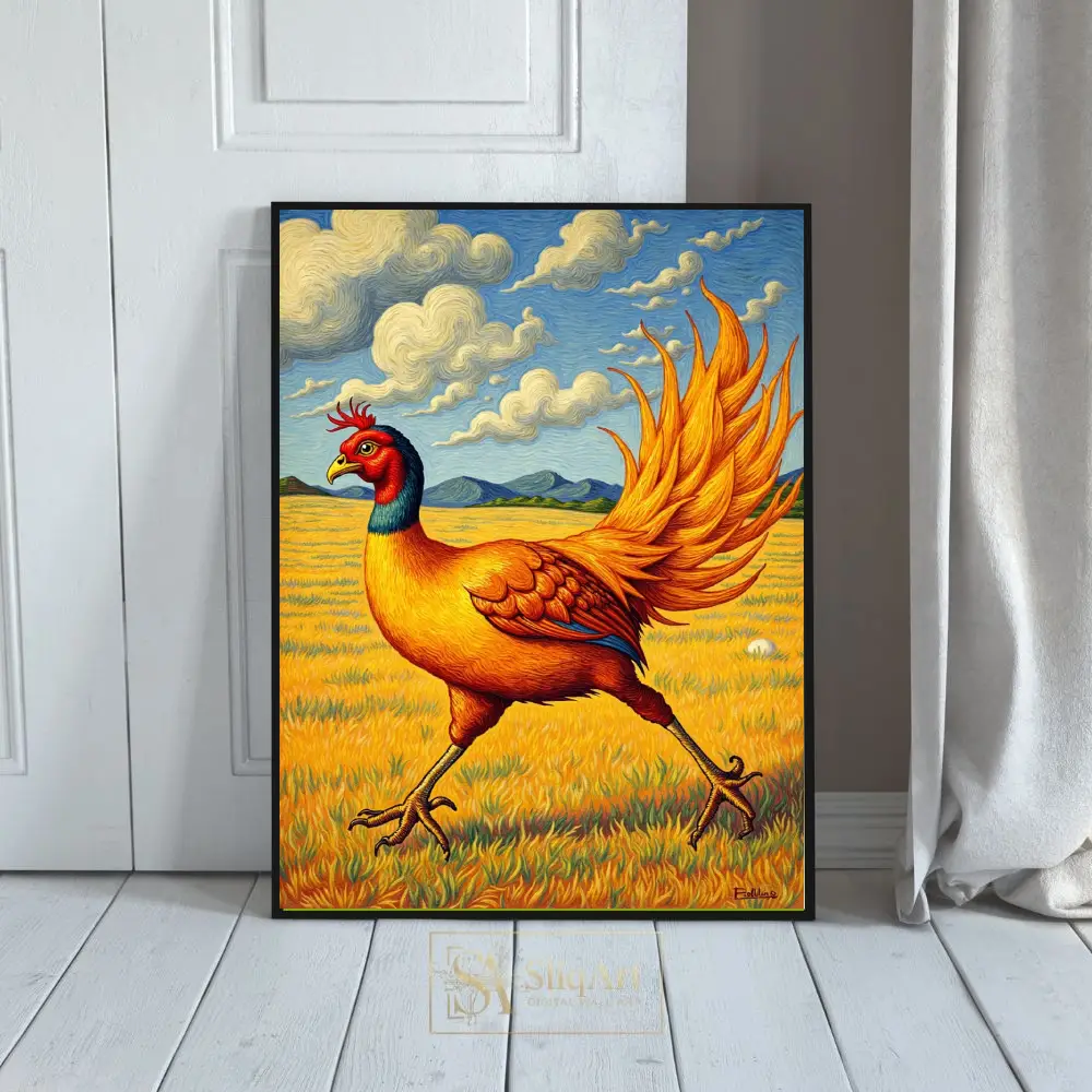 Golden Pheasant Folk Art Canvas Print - Vibrant Bird Field Scene