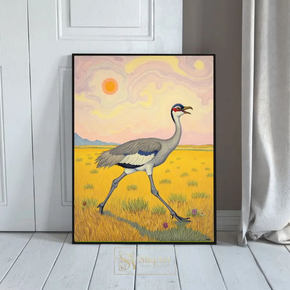 Whimsical Crane Walking Through Golden Fields Canvas Art