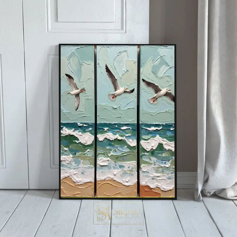 Coastal Flight: 3-Piece Impasto Seagull & Ocean Triptych Wall Art