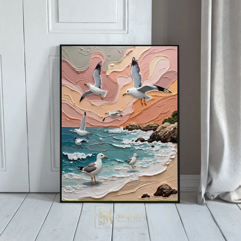 Coastal Serenity: 3D Textured Seagull and Impasto Ocean Wave Wall Art