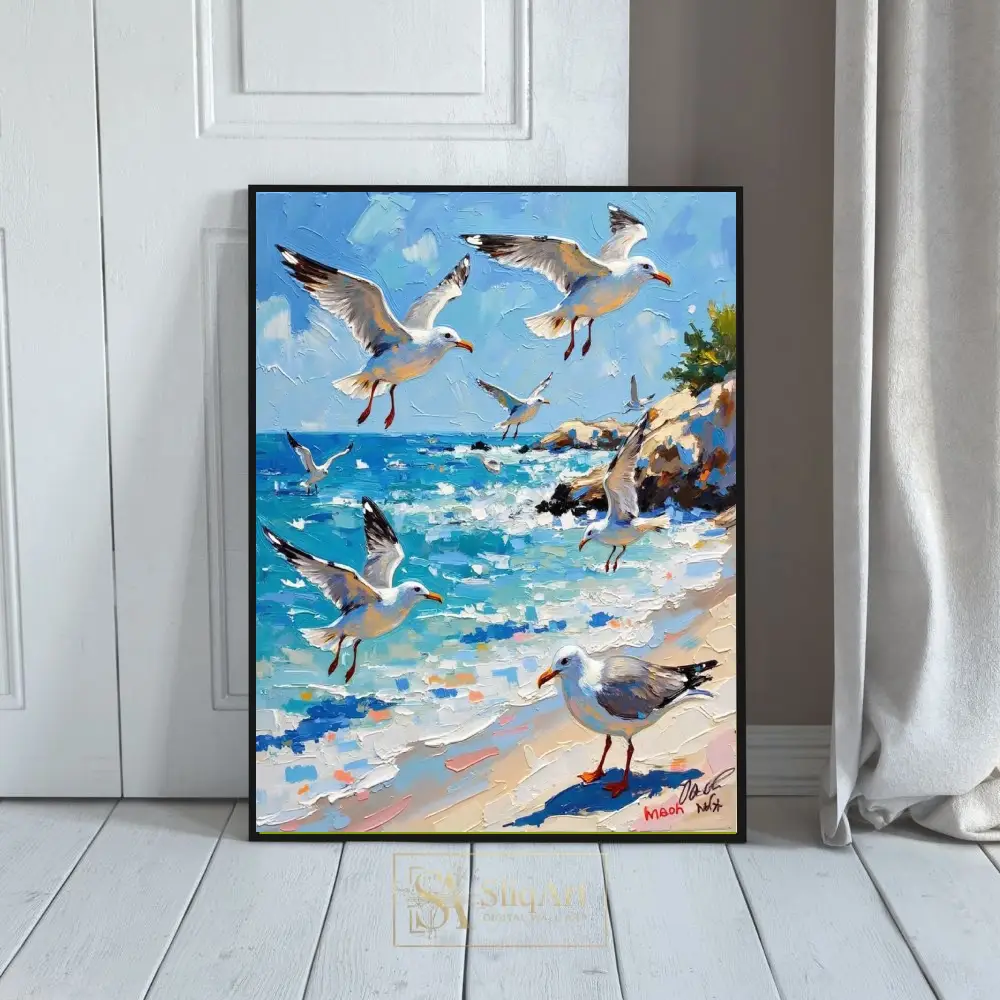 Coastal Seagulls Palette Knife Canvas - Vibrant Beach Wall Art