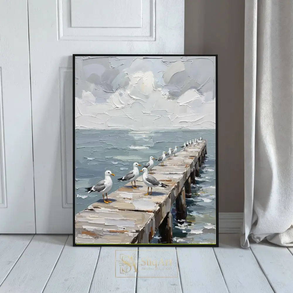 Coastal Calm Seagulls Canvas Wall Art - Impressionist Pier Scene